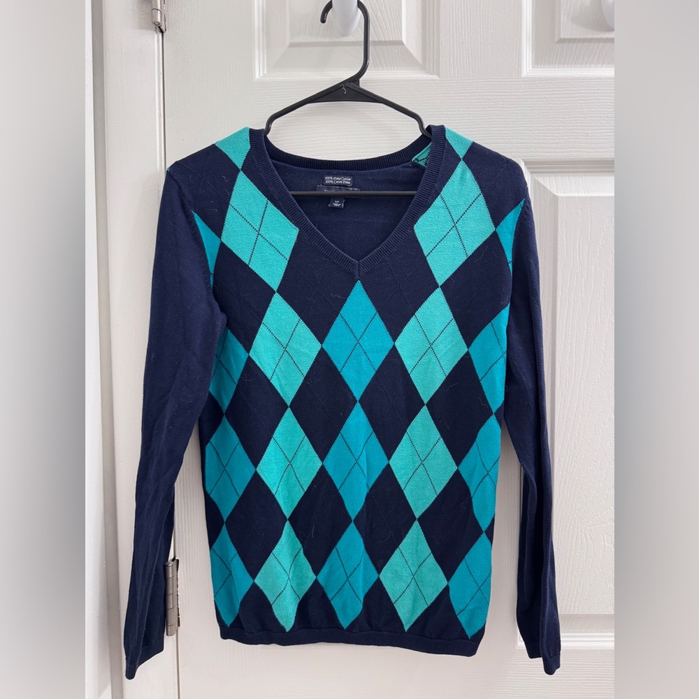 Tommy Hilfiger Argyle V-Neck Sweater - Navy and Teal